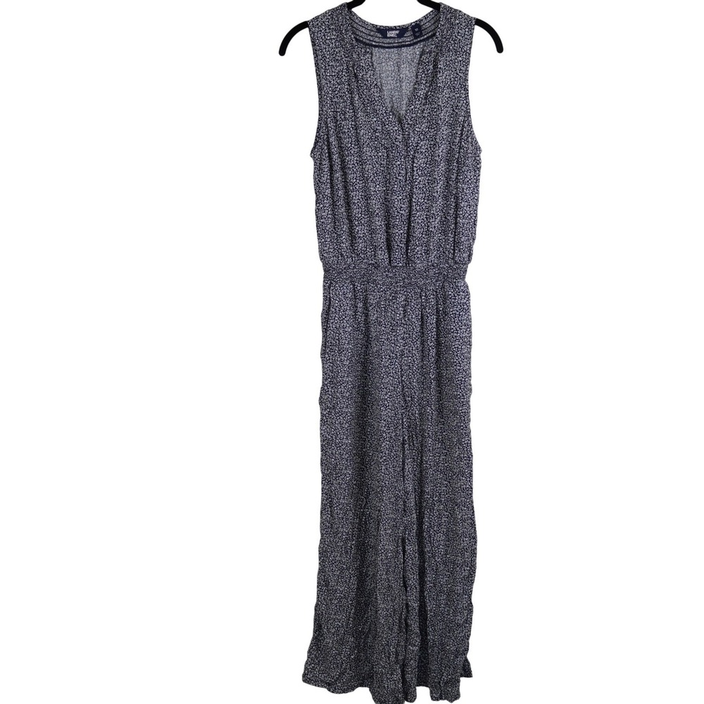 Lands End Womens Sleeveless Jumpsuit Size 10 Blue White Floral Romper‎ Wide Leg